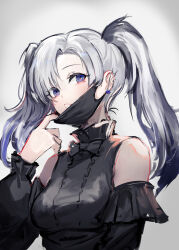 Rule 34 | 1girl, absurdres, black bow, black dress, black mask, blue eyes, blue hair, bow, breasts, character request, collar, colored tips, detached sleeves, dress, ear piercing, earrings, grey hair, highres, irikawa, jewelry, long hair, long sleeves, looking at viewer, mask, mask pull, medium breasts, mouth mask, multicolored hair, piercing, solo, twintails, white background