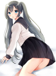 Rule 34 | 1girl, :o, absurdres, ass, bad id, bad pixiv id, black sailor collar, black skirt, blue eyes, blush, commentary request, fingernails, grey hair, hair between eyes, highres, long hair, long sleeves, looking at viewer, looking to the side, minami saki, original, panties, pantyshot, parted lips, pleated skirt, sailor collar, school uniform, serafuku, shirt, sidelocks, signature, skirt, solo, spread legs, twintails, underwear, very long hair, white background, white panties, white shirt