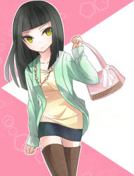 Rule 34 | 1girl, bad id, bad pixiv id, bag, black hair, boots, casual, daana, female focus, handbag, hime cut, inazuma eleven (series), inazuma eleven go, inazuma eleven go chrono stone, jewelry, long hair, miniskirt, multicolored eyes, necklace, ritsu (iqpi), simple background, skirt, solo, standing, straight hair, thigh boots, thighhighs, yellow eyes, zettai ryouiki