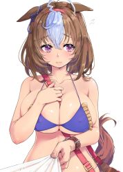 Rule 34 | ahoge, areola slip, bag, between breasts, bikini, blush, breasts, brown hair, collarbone, commentary request, handbag, headband, highres, horse girl, horse tail, kntrs (knyrs), large breasts, medium hair, meisho doto (umamusume), multicolored hair, purple eyes, shirt tucked in, simple background, solo, swimsuit, tail, umamusume, white background