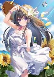Rule 34 | 1girl, absurdres, bare arms, bare shoulders, black hair, bow, breasts, choker, cleavage, closed mouth, dress, fengshen chino, field, flower, flower field, hand on headwear, hat, hat bow, hat flower, highres, large breasts, long hair, looking at viewer, ocean, original, purple eyes, short dress, sleeveless, sleeveless dress, smile, solo, spaghetti strap, straw hat, sun hat, sundress, sunflower, sunflower field, white choker