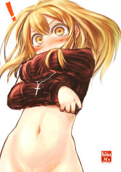 Rule 34 | !, 1girl, absurdres, blonde hair, blush, bottomless, clothes lift, cross, highres, jewelry, kotoba noriaki, lifting own clothes, long hair, looking at viewer, navel, necklace, original, out-of-frame censoring, shirt lift, simple background, solo, sweat, sweater, sweater lift, white background, yellow eyes