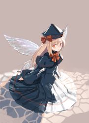 Rule 34 | 1girl, black dress, blonde hair, bow, capelet, dress, fairy wings, frown, hair bow, hat, lily black, lily white, long dress, long hair, long sleeves, looking at viewer, md5 mismatch, resized, solo, touhou, wings, yamamomo (plank)