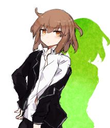 Rule 34 | 1girl, agtt25333, blazer, blush, brown eyes, brown hair, closed mouth, collared shirt, cowboy shot, hand on own hip, highres, jacket, jitome, kantai collection, off shoulder, shadow, shirt, short hair, simple background, solo, wakaba (kancolle), white background, white shirt