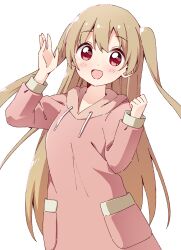 1girl :d blonde_hair blush clenched_hand commentary_request hands_up haru_(konomi_150) highres hood hood_down hoodie long_hair long_sleeves looking_at_viewer minagi_koharu open_mouth pink_hoodie pocket red_eyes simple_background slow_loop smile solo two_side_up upper_body white_background