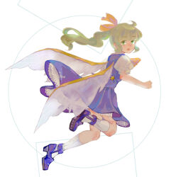 Rule 34 | 1girl, blue footwear, blue skirt, blue vest, bow, commentary, daiyousei, fairy wings, full body, green eyes, green hair, hair bow, kanon (rsl), long hair, looking at viewer, looking back, medium bangs, open mouth, ponytail, puffy short sleeves, puffy sleeves, shirt, shoes, short sleeves, skirt, skirt set, socks, solo, star (symbol), touhou, vest, white background, white shirt, white socks, wings, yellow bow