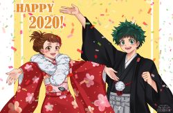 Rule 34 | 1boy, 1girl, 2020, :d, artist name, black kimono, blush stickers, boku no hero academia, brown eyes, brown hair, clenched hand, commentary, confetti, english commentary, floral print, freckles, fur-trimmed kimono, fur trim, green eyes, green hair, happy new year, japanese clothes, kimono, looking at viewer, midoriya izuku, new year, open mouth, outstretched arms, red kimono, reishichi, smile, uraraka ochako