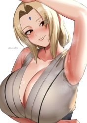 Rule 34 | 1girl, absurdres, alternate breast size, arm under breasts, arm up, armpits, artist name, bare shoulders, blonde hair, blush, breast hold, breasts, brown eyes, cleavage, collarbone, commentary, diamond (shape), english commentary, facial mark, forehead mark, highres, huge breasts, japanese clothes, kirinkirin, long hair, looking at viewer, mature female, naruto, naruto (series), presenting armpit, simple background, sleeveless, smile, solo, steam, sweat, tsunade (naruto), twitter username, upper body, white background