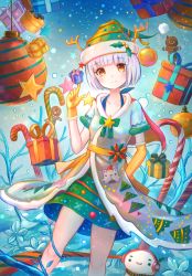 Rule 34 | 1girl, blush, bow, box, breasts, brown eyes, candy, candy cane, christmas, closed mouth, collarbone, earmuffs, elbow gloves, food, gift, gift box, gingerbread man, gloves, green bow, hand in pocket, kutsunohito, looking at viewer, medium breasts, original, short hair, short sleeves, silver hair, smile, snowman, solo, yellow gloves
