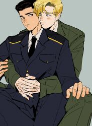 Rule 34 | 2boys, absurdres, ao isami, black hair, blonde hair, blush, couple, eye contact, facial hair, happy, heads together, highres, hug, hug from behind, ice nomu, interracial, lewis smith, looking at another, male focus, medium sideburns, military uniform, multiple boys, nose blush, pants, sideburns stubble, sitting, smile, stubble, thick eyebrows, uniform, yaoi, yuuki bakuhatsu bang bravern