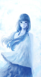 Rule 34 | 1girl, bare arms, bare shoulders, blue theme, blunt bangs, closed mouth, commentary request, cowboy shot, dress, expressionless, glasses, highres, looking at viewer, monochrome, original, sakimori (hououbds), skirt, solo