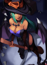 1girl absurdres bare_shoulders bat_wings breasts bridal_gauntlets broom broom_riding choker cleavage commentary demon_girl fishnet_thighhighs fishnets from_above green_eyes green_hair halloween hat hat_over_one_eye head_wings highres jewelry large_breasts lips long_skirt low_wings matching_hair/eyes morrigan_aensland necklace parsujera pigeon-toed side_slit skirt solo thighhighs vampire_(game) wings witch witch_hat