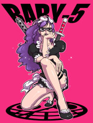 Rule 34 | 1girl, 801sm445, apron, baby 5, black dress, black footwear, character name, cigarette, commentary request, dress, goggles, hand on own chin, hand on own knee, high heels, long hair, maid apron, maid headdress, one piece, pink background, puffy sleeves, purple hair, short dress, solo, squatting, weapon, weapon on back