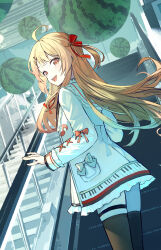 Rule 34 | 1girl, ahoge, black thighhighs, blonde hair, brown eyes, commentary request, cowboy shot, escalator, floating hair, food, fortissimo, fruit, hair ornament, hair ribbon, highres, hololive, hololive dev is, indoors, jacket, long hair, long sleeves, looking at viewer, looking back, musical note, musical note hair ornament, open mouth, otonose kanade, red ribbon, ribbon, smile, solo, stairs, standing, thigh strap, thighhighs, virtual youtuber, watermelon, white jacket, xyunx
