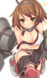 Rule 34 | 10s, 1girl, bare shoulders, black panties, blush, breasts, brown hair, clothes pull, crossed arms, gloves, green eyes, headgear, kantai collection, large breasts, looking at viewer, mutsu (kancolle), panties, personification, red thighhighs, ryo (botugo), short hair, skirt, skirt pull, solo, thighhighs, underwear, white gloves