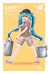 1girl :d absurdres aqua_eyes aqua_hair baseball_cap black_hat border brown_shirt brown_shorts bucket character_name commentary english_commentary flip-flops full_body hair_between_eyes hat hatsune_miku hatsune_miku_(filipino) highres holding holding_bucket lone_nape_hair long_hair open_mouth outside_border philippines prehensile_hair pun sandals shadow shirt short_sleeves shorts sidelocks signature ska.harumi smile solo sun_symbol towel towel_around_neck twintails very_long_hair vocaloid walking white_border worldwide_miku yellow_background