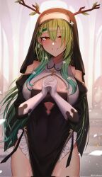Rule 34 | 1girl, antlers, blush, braid, braided bangs, breasts, ceres fauna, cleavage, corrupted twitter file, flower, gradient hair, green hair, habit, hair flower, hair ornament, highres, hololive, hololive english, horns, kotodekun, large breasts, long hair, looking at viewer, mole, mole under eye, multicolored hair, nun, smile, solo, virtual youtuber, yellow eyes