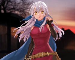 Rule 34 | 1girl, :d, absurdres, bangle, bare shoulders, belt, black gloves, blue scarf, bracelet, breasts, brown belt, commentary request, commission, dress, elbow gloves, fingerless gloves, fire emblem, fire emblem: radiant dawn, gloves, hair between eyes, hazuki (nyorosuke), highres, jewelry, large breasts, long hair, looking at viewer, micaiah (fire emblem), nintendo, open mouth, outdoors, purple dress, scarf, skeb commission, sleeveless, sleeveless dress, smile, solo, sunset, upper body, very long hair, white hair, yellow eyes