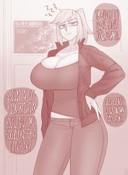 Rule 34 | 1girl, breasts, collarbone, commission, ekz (robotekz), english text, freckles, gundam, hand on own hip, highres, huge breasts, jacket, original, pants, ponytail, prostitution, rx-78-2, solo, swept bangs, tank top