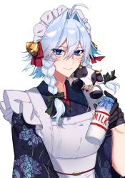 Rule 34 | 1girl, alternate costume, animal, apron, blue eyes, bottle, bow, braid, breasts, closed mouth, cow, floral print, green bow, grey hair, hair bow, hair intakes, hair ribbon, highres, himadera, izayoi sakuya, japanese clothes, kimono, looking at viewer, medium breasts, milk bottle, ribbon, short hair with long locks, side braids, simple background, smile, solo, touhou, tress ribbon, twin braids, upper body, white apron, white background