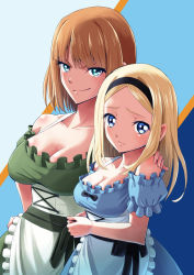 Rule 34 | 2girls, absurdres, aleksandra i. pokryshkin, bare shoulders, blonde hair, blue eyes, blush, brave witches, breasts, brown hair, closed mouth, collarbone, dirndl, german clothes, gundula rall, hair ornament, hairband, hand on another&#039;s shoulder, hasegawa (hase popopo), highres, large breasts, looking at viewer, medium breasts, multiple girls, shiny skin, short hair, simple background, smile, world witches series