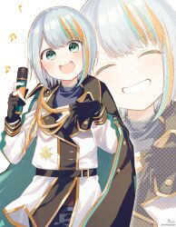 Rule 34 | 1girl, :d, ^ ^, absurdres, beamed sixteenth notes, black gloves, black shirt, blue hair, blush, closed eyes, commentary, eighth note, facing viewer, gloves, green eyes, grey hair, grin, hands up, highres, holding, holding microphone, jacket, long sleeves, looking at viewer, microphone, multicolored hair, multiple views, musical note, open mouth, orange hair, partially fingerless gloves, project:yuires, puffy long sleeves, puffy sleeves, quarter note, ratio yuires, shirt, signature, simple background, smile, sofra, streaked hair, symbol-only commentary, teeth, twitter username, upper teeth only, virtual youtuber, white background, white jacket, zoom layer
