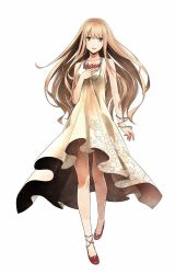 Rule 34 | 10s, 1girl, anklet, ashihara yuno, bare shoulders, bracelet, brown hair, casual, collarbone, dress, female focus, fingernails, floating hair, floral print, full body, god eater, god eater 2: rage burst, green eyes, hair ornament, hairband, hand on own chest, head tilt, highres, jewelry, legs, light smile, long hair, long image, looking at viewer, necklace, official art, open mouth, print dress, shoes, simple background, sogabe shuuji, solo, standing, tall image, wavy hair, white background, yellow dress