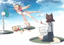 Rule 34 | 3girls, animal ears, bare legs, barefoot, blonde hair, blue eyes, blue sky, brown hair, cloud, cloudy sky, contrail, day, dog ears, dog tail, drawing, electric fan, hand fan, fox ears, fox tail, full body, indian style, legs up, long hair, lying, multiple girls, no pants, on back, open mouth, original, outstretched arms, pencil, shirt, short hair, sitting, sketchbook, skirt, sky, suspender skirt, suspenders, t-shirt, tail, tail through clothes, trembling, u (mikaduki0720), white shirt