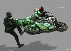 Rule 34 | 2boys, armor, battle, black armor, black footwear, black mask, black pants, black suit, commentary request, compound eyes, dias (tajima kouki), double driver, formal, full body, green armor, grey background, highres, kamen rider, kamen rider double, kamen rider w, kicking, long sleeves, looking at another, mask, motor vehicle, motorcycle, multiple boys, on motorcycle, pants, partial commentary, red eyes, rider belt, shoulder armor, simple background, suit, tire, v-fin