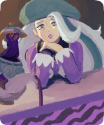 Rule 34 | 1girl, alternate costume, commentary, creatures (company), eyelashes, game freak, gen 8 pokemon, gloves, go-lurk, green hair, green headwear, grey eyes, gym leader, hands up, hat, league card, lipstick, long hair, long sleeves, looking at viewer, makeup, mature female, melony (pokemon), multicolored hair, nintendo, own hands together, parted lips, pokemon, pokemon (creature), pokemon swsh, polteageist, pouring, purple lips, purple shirt, shirt, single glove, streaked hair, white hair