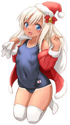 Rule 34 | 1girl, adapted costume, blonde hair, blue eyes, blue one-piece swimsuit, blush, bracelet, breasts, flower, hair between eyes, hair flower, hair ornament, highres, jacket, jewelry, jumping, one-piece swimsuit, one-piece tan, ray.s, santa costume, school swimsuit, simple background, small breasts, smile, solo, swimsuit, swimsuit under clothes, tan, tanline, thighhighs, white background, white thighhighs
