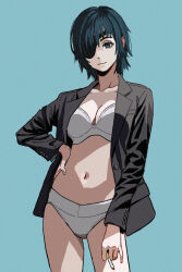 Rule 34 | 1girl, bad id, bad pixiv id, black hair, black jacket, blue background, blue eyes, bra, breasts, chainsaw man, cigarette, cleavage, cowboy shot, eyepatch, hand on own hip, himeno (chainsaw man), holding, holding cigarette, jacket, looking at viewer, medium breasts, panties, shiren (ourboy83), short hair, simple background, solo, underwear, white bra, white panties