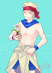 Rule 34 | 1boy, blonde hair, blue background, blue scarf, blue shorts, brown shirt, character request, closed eyes, clothes around waist, commentary request, dated, eizennn, feet out of frame, flower, grin, headband, holding, holding flower, male focus, medium bangs, navel, no nipples, pectorals, ragnarok online, red headband, scarf, shirt, shirt around waist, short hair, shorts, signature, smile, solo, spiked hair, toned, toned male, topless male, white flower, wristband