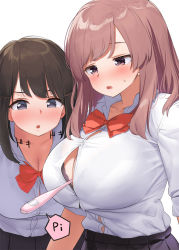 Rule 34 | 2girls, :o, black eyes, black hair, black skirt, blush, bow, breasts, brown hair, cleavage, collarbone, collared shirt, digital thermometer, kaisen chuui, large breasts, long hair, long sleeves, looking at object, multiple girls, open mouth, original, parted lips, pleated skirt, purple eyes, red bow, school uniform, shirt, shirt tucked in, sidelocks, simple background, skirt, thermometer, upper body, white background, white shirt