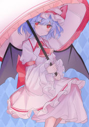 Rule 34 | 1girl, absurdres, argyle, argyle background, argyle clothes, bat wings, blue background, closed mouth, collared dress, dress, feet out of frame, frilled dress, frills, hair ribbon, hat, highres, holding, holding umbrella, juliet sleeves, l neconeco l, long sleeves, looking at viewer, mob cap, puffy sleeves, purple hair, red eyes, red ribbon, remilia scarlet, ribbon, short hair, signature, skirt, solo, touhou, umbrella, white dress, white hat, white skirt, white umbrella, wide sleeves, wings