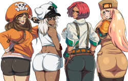 Rule 34 | 4girls, annoyed, arc system works, ass, bare shoulders, bike shorts, blonde hair, blue eyes, blush, breasts, brown eyes, brown hair, dark skin, dimples of venus, embarrassed, fingerless gloves, from behind, frown, giovanna (guilty gear), gloves, green eyes, hat, highres, huge ass, large breasts, long hair, looking at viewer, looking back, may (guilty gear), millia rage, multiple girls, pants, pirate, pirate hat, ramlethal valentine, red eyes, shaded face, short hair, short shorts, shorts, sideboob, smile, v, very long hair, white hair
