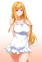 Rule 34 | 1girl, arm behind back, bad id, bad pixiv id, bare arms, bare shoulders, blonde hair, blush, breasts, closed mouth, collarbone, commentary request, covered navel, cowboy shot, dress, frilled dress, frills, gradient background, gundam, gundam tekketsu no orphans, halterneck, kudelia aina bernstein, large breasts, long hair, looking at viewer, microdress, purple eyes, revision, skin tight, sleeveless, sleeveless dress, smile, solo, very long hair, white background, white dress, yostxxx