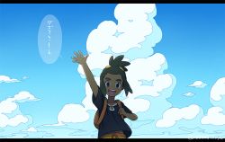 Rule 34 | 1boy, :d, arm up, backpack, bag, black shirt, cloud, commentary request, creatures (company), day, game freak, green hair, hau (pokemon), holding strap, looking at viewer, male focus, nintendo, open mouth, orange bag, outdoors, pokemon, pokemon sm, sewenan, shirt, sky, smile, solo, speech bubble, spread fingers, teeth, tongue, translation request