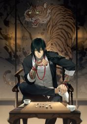 Rule 34 | 1boy, black hair, black jacket, black pants, board game, bowl, bracelet, braid, chair, changpao, chinese clothes, closed mouth, crossed legs, fate/grand order, fate (series), go (board game), green eyes, indoors, jacket, jewelry, long braid, looking at viewer, male focus, necklace, pants, rrr (reason), shouji, sidelocks, single braid, sitting, sleeves rolled up, sliding doors, smile, solo, table, tangzhuang, tattoo, tiger, white footwear, yan qing (fate), yan qing (traveling outfit) (fate)