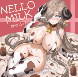 Rule 34 | 1girl, absurdres, animal print, bell, bikini, blue eyes, blush, bottle, breasts, brown collar, brown hair, chocolate, chocolate milk, chocolate on body, chocolate on breasts, closed mouth, collar, cow print, cowbell, ear tag, elbow gloves, food on body, gloves, hand up, highres, horns, index finger raised, large breasts, leaning to the side, milk bottle, mole, mole under eye, neck bell, original, pointy ears, print bikini, print gloves, print thighhighs, raised eyebrows, sitting, skl, smile, solo, swimsuit, thighhighs, thighs, wakamezake