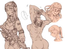 Rule 34 | 1girl, :o, arms up, ass, assault rifle, blunt bangs, blush, breasts, eyepatch, from behind, from side, goggles, goggles on head, gun, hair bun, headphones, jormungand (manga), load bearing vest, long hair, looking at viewer, m4 carbine, medium breasts, military, military uniform, monochrome, multiple views, muscular, nipples, nude, one eye covered, parted lips, ponytail, profile, rifle, sidelocks, simple background, single hair bun, sketch, sofia valmer, speech bubble, stretching, talking, taremayu (kikai tomato), tattoo, text focus, uniform, weapon, white background