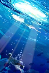 Rule 34 | 1boy, air bubble, black hair, blue theme, bubble, commentary request, eoduun badaui deungbul-i doeeo, fish, highres, korean commentary, light rays, long sleeves, park moo-hyun, shirt, short hair, sinking, solo, striped clothes, striped shirt, suae, submerged, sunlight, underwater, vertical-striped clothes, vertical-striped shirt, water