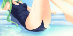 Rule 34 | 1girl, :3, collarbone, ezakishii, green hair, head out of frame, highres, leaning back, long hair, one-piece swimsuit, partially submerged, school swimsuit, sitting, solo, swimsuit, very long hair, water