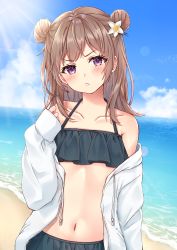 Rule 34 | 1girl, bare shoulders, beach, bikini, black bikini, blue sky, blush, brown hair, closed mouth, cloud, collarbone, commentary request, day, double bun, drawstring, flower, hair bun, hair flower, hair ornament, halterneck, hand up, head tilt, highres, horizon, jacket, long hair, long sleeves, looking at viewer, navel, nazuna shizuku, ocean, off shoulder, open clothes, open jacket, original, outdoors, purple eyes, sky, sleeves past wrists, solo, standing, swimsuit, v-shaped eyebrows, water, white flower, white jacket