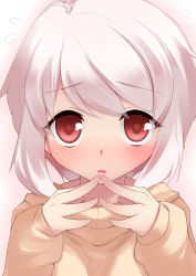 Rule 34 | 1girl, albino, bad id, bad pixiv id, blush, highres, open mouth, original, red eyes, short hair, solo, steepled fingers, sweater, upper body, white hair, yamane akira