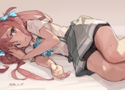 Rule 34 | 10s, 1girl, asagumo (kancolle), bike shorts, blue eyes, bow, brown hair, dated, hair bow, kantai collection, long hair, looking at viewer, lying, on side, school uniform, skirt, solo, toro (konirio), twintails
