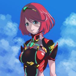 Rule 34 | 1girl, arms at sides, blue sky, bob cut, breasts, closed mouth, cloud, day, eyebrows, eyelashes, facing away, hair between eyes, hairband, hal (pixiv21210), looking at viewer, medium breasts, nintendo, outdoors, pyra (xenoblade), red eyes, red hair, short hair, short sleeves, sky, smile, solo, tareme, turtleneck, upper body, xenoblade chronicles (series), xenoblade chronicles 2, yellow hairband