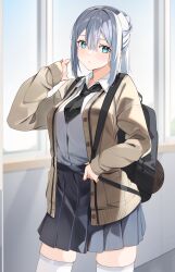 Rule 34 | 1girl, backpack, bag, black necktie, black skirt, blue eyes, breasts, brown cardigan, cardigan, closed mouth, collared shirt, commentary request, day, grey hair, hair between eyes, highres, holding strap, indoors, long hair, looking at viewer, medium breasts, necktie, open cardigan, open clothes, original, pleated skirt, ponytail, school uniform, shirt, short necktie, sidelocks, skindentation, skirt, sleeves past wrists, solo, tapioka (oekakitapioka), thighhighs, white shirt, white thighhighs, window