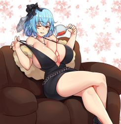 Rule 34 | 1girl, ;p, ajidot, alcohol, black dress, blue hair, blush, breasts, cherry blossoms, cleavage, crossed legs, cup, dress, drinking glass, floral background, hair between eyes, hat, highres, huge breasts, jewelry, last origin, light blue hair, looking at viewer, mini hat, mini top hat, necklace, one eye closed, pouring, pouring onto self, pulling own clothes, red eyes, short hair, sitting, solo, strap pull, titania frost, tongue, tongue out, top hat, wine, wine glass