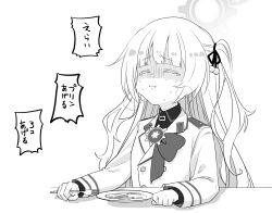 Rule 34 | 1girl, blue archive, blunt bangs, cherino (blue archive), clenched hands, closed eyes, closed mouth, collared shirt, fork, full mouth, furrowed brow, greyscale, hair ribbon, halo, highres, holding, holding fork, inotukuhito, long hair, long sleeves, monochrome, plate, ribbon, shirt, sidelocks, solo, speech bubble, sweat, translation request, turn pale, two side up, upper body